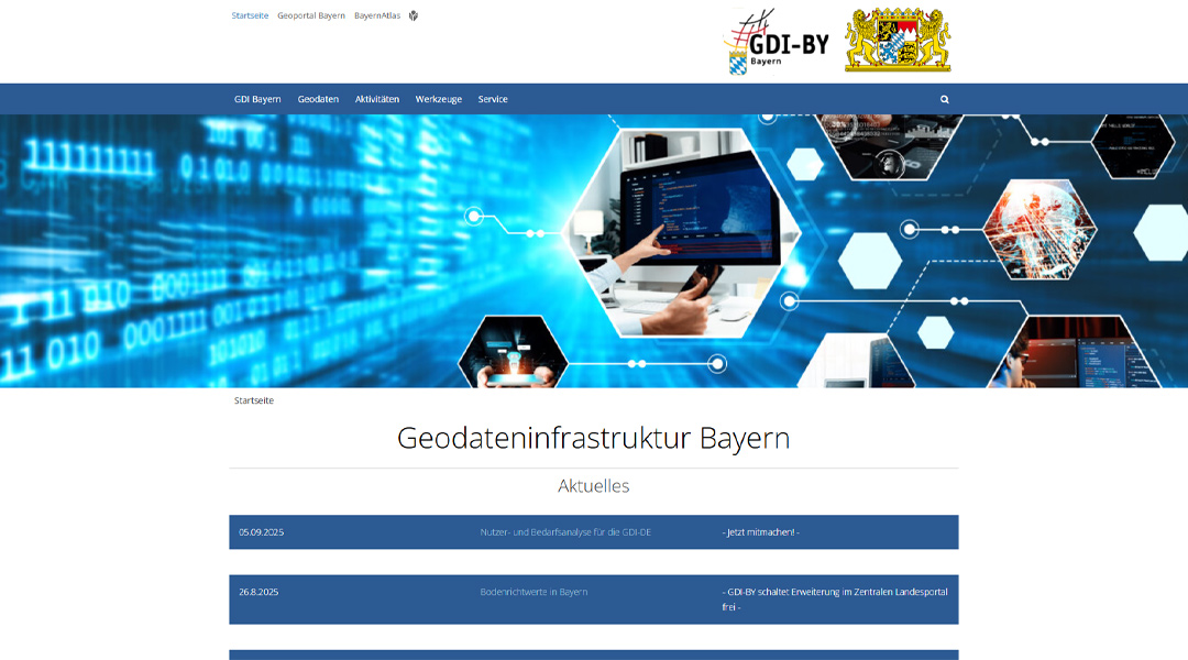 Ausschnitt aus www.gdi.bayern.de Ein Ausschnitt von der Seite Aktuelles von GDI, Oben rechts das Logo